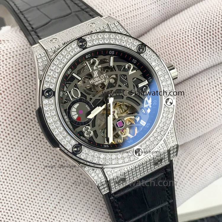 Fake Hublot Classic Fusion Skeleton Dial Watch with Diamond